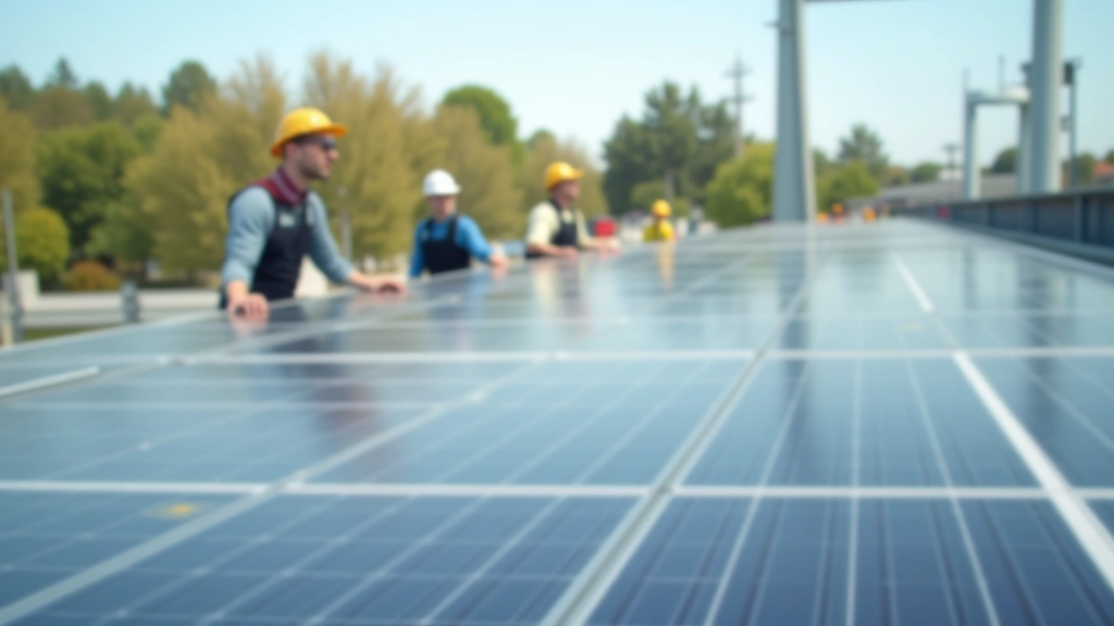 Industrieanlage mit modernen Solarpanelen auf dem Dach, umgeben von grüner Vegetation und erneuerbaren Energiequellen