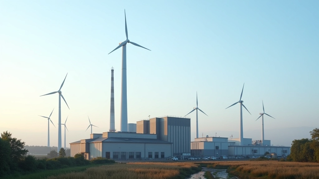 Industrielle Produktionsstätte mit modernen Windkraftanlagen im Hintergrund
