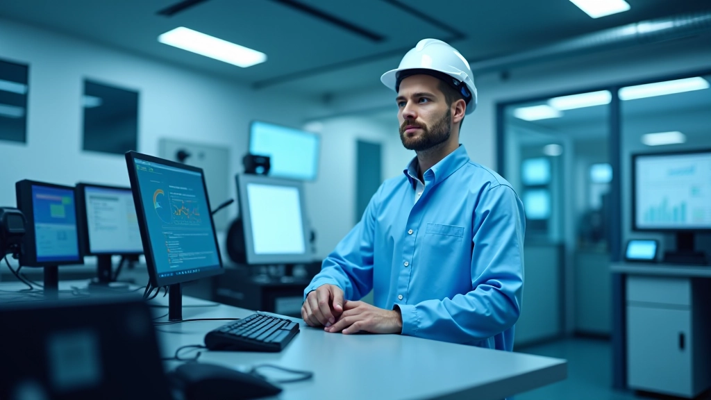 Moderne Energieversorger-Zentrale mit Kontrollpaneelen und digitalen Displays