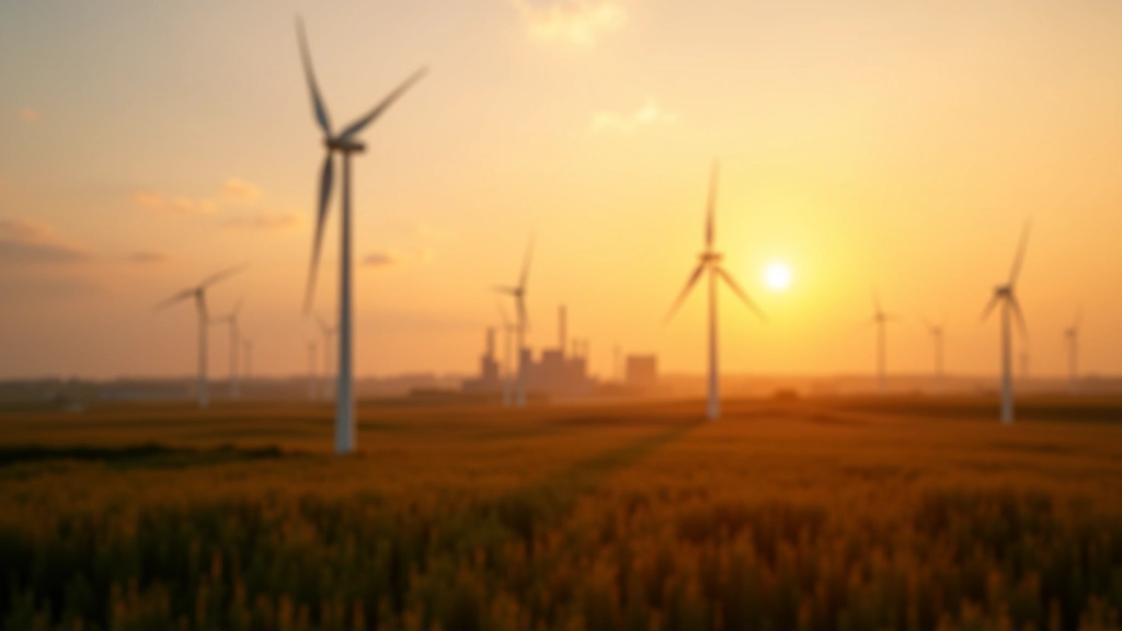 Moderne Windkraftanlage vor Industriegelände