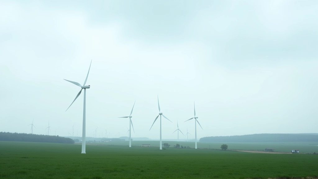 Windkraftanlage in modernem Windpark mit mehreren Anlagen und grüner Landschaft im Hintergrund