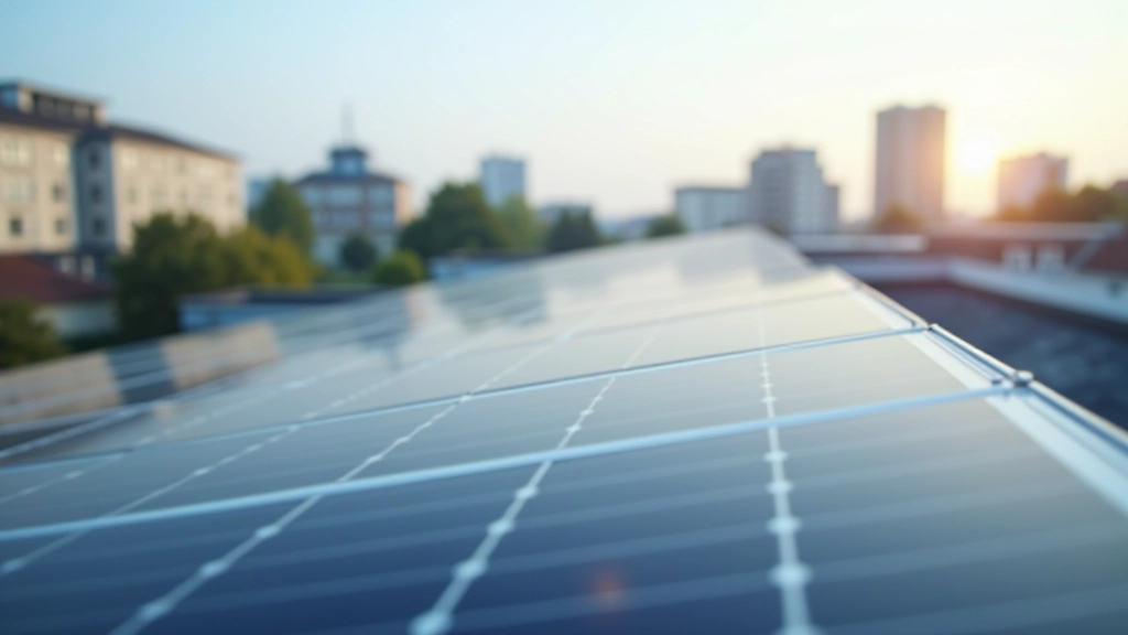 Detaillierte Darstellung von Solarmodulen auf einem Dach mit Stadt im Hintergrund