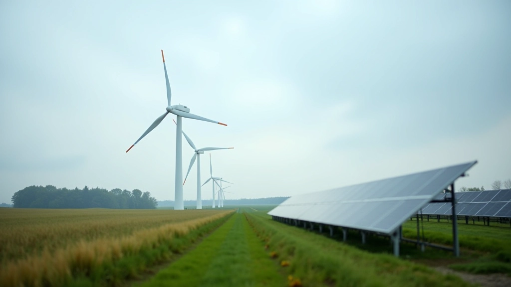 Windkraftanlage und Solaranlage nebeneinander in einer deutschen Landschaft bei gemischtem Wetter